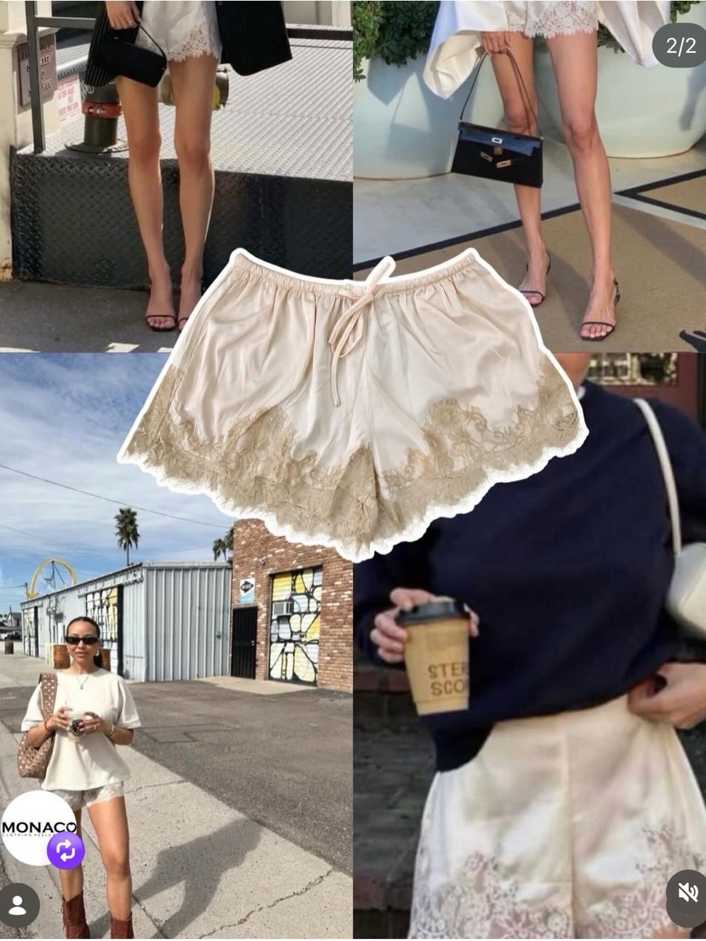 NWT Minaa Monroe Satin Lace Trim Shorts Ivory Champagne Size M